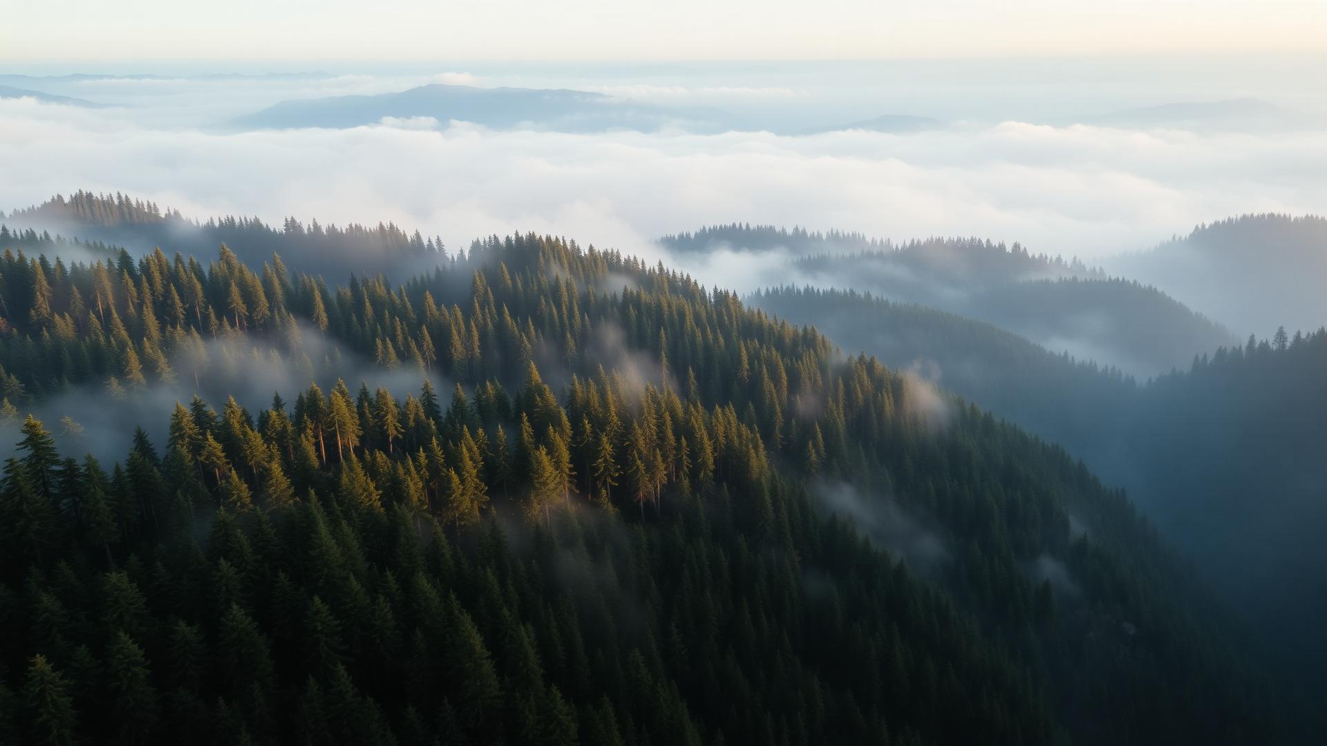 Misty forested mountain ridges at dawn